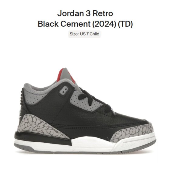 Baby Size 7c - Jordan 3 Retro Black Cement (2024) (TD) DM0968-010 Authentic New! - Picture 1 of 9
